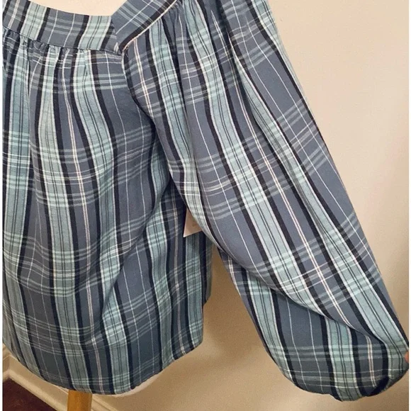 LC Lauren Conrad Teal Green Plaid Square Neck Balloon Sleeves Peasant Top Size M - Picture 5 of 15